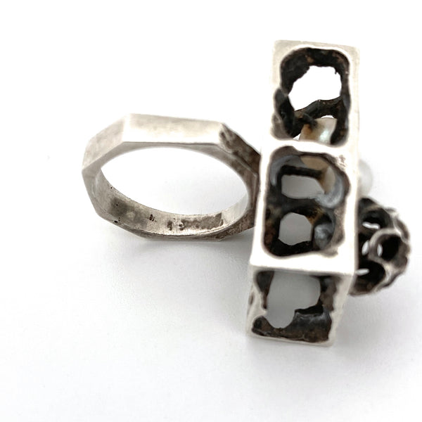vintage silver & pearl large brutalist openwork ring