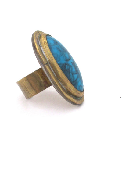 profile Rafael Alfandary Canada vintage large brutalist brass faux turquoise glass ring