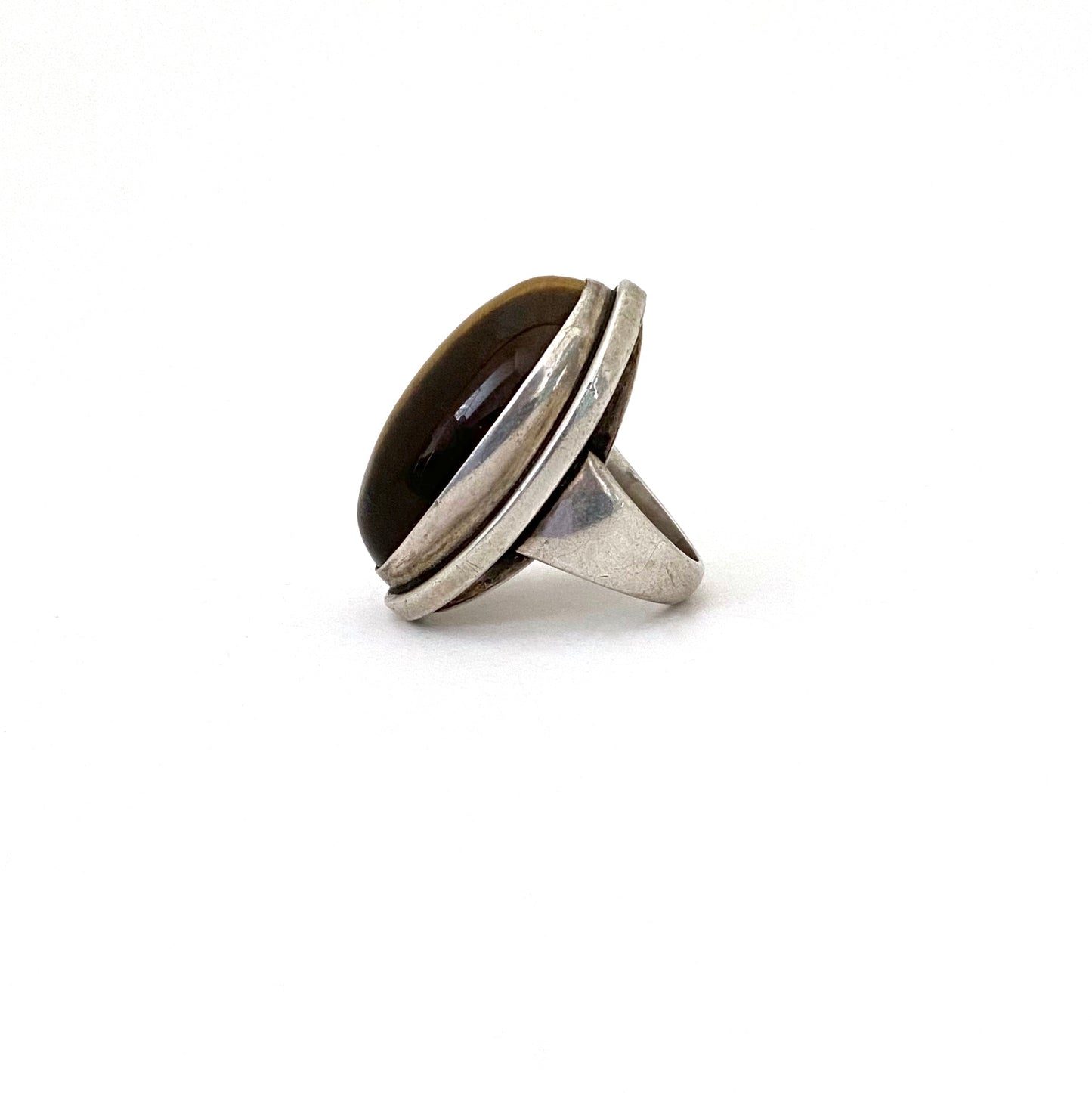 profile Georg Jensen Denmark vintage extra large silver tiger eye ring 46E Harald Nielsen Scandinavian Modern jewelry design