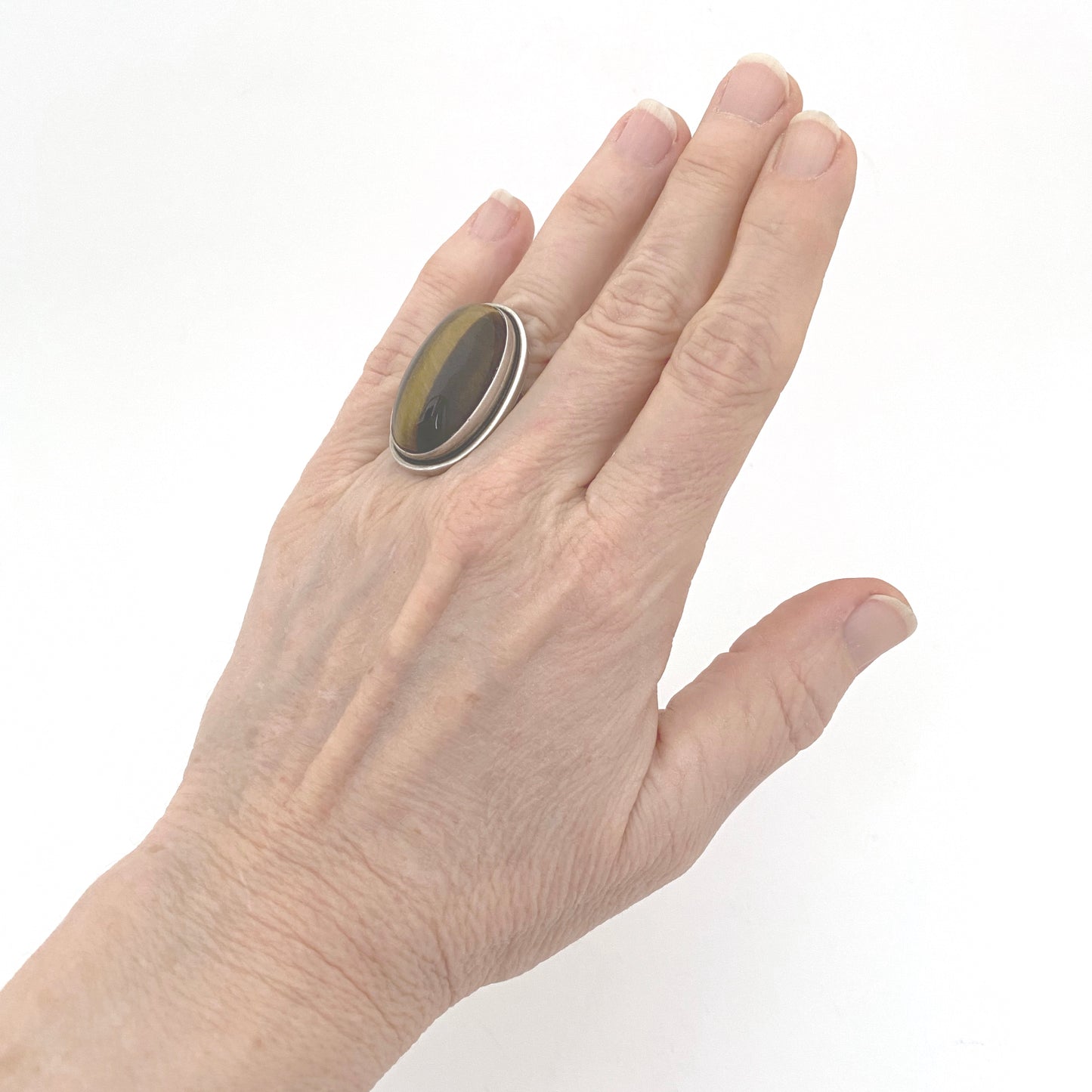 detail scale Georg Jensen Denmark vintage extra large silver tiger eye ring 46E Harald Nielsen Scandinavian Modern jewelry design