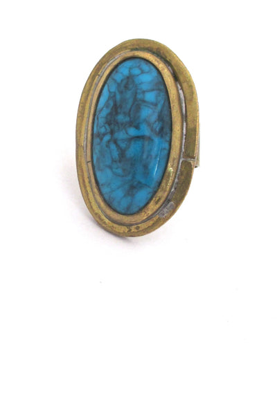 Rafael Alfandary Canada vintage large brutalist brass faux turquoise glass ring