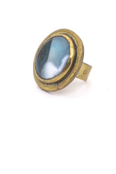 detail Rafael Alfandary Canada vintage brutalist brass blue white glass ring