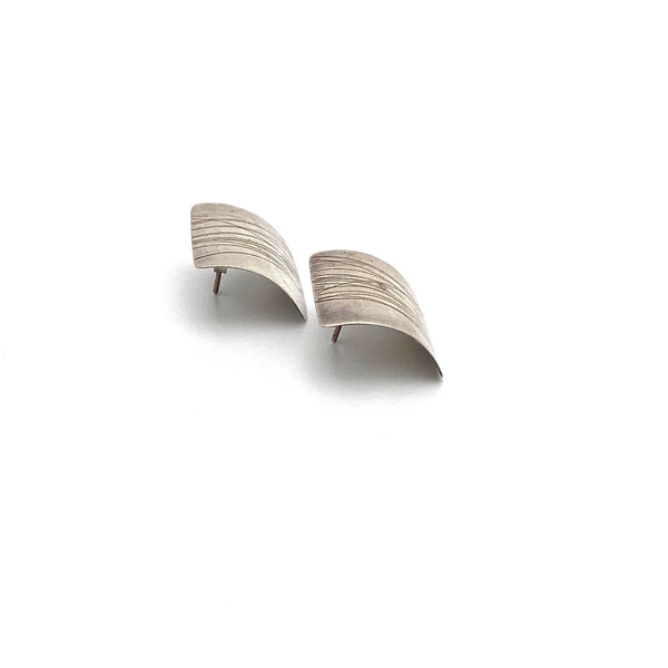 profile vintage textured sterling silver signed studio made earrings Modernist jewelry design