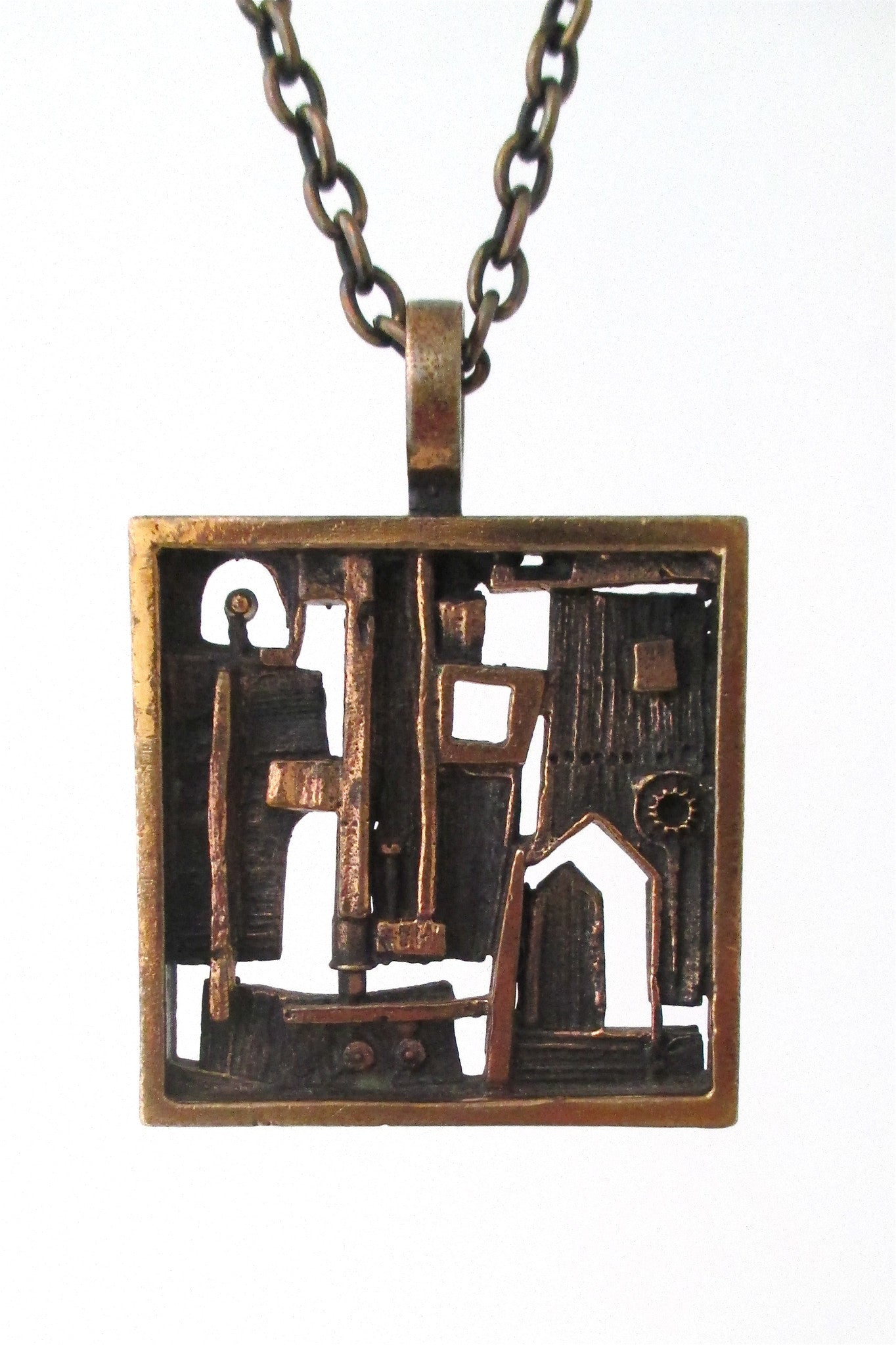 Jorma Laine Finland vintage Scandinavian Modernist bronze open door pendant necklace