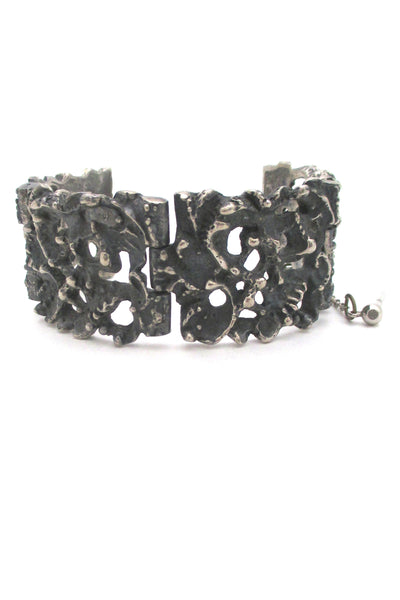 profile Robert Larin Canada large vintage brutalist pierced pewter rugged panel link bracelet