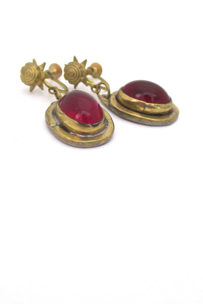 profile Rafael Alfandary Canada vintage mid century brass drop earrings in red