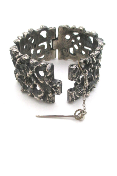 detail Robert Larin Canada large vintage brutalist pierced pewter rugged panel link bracelet