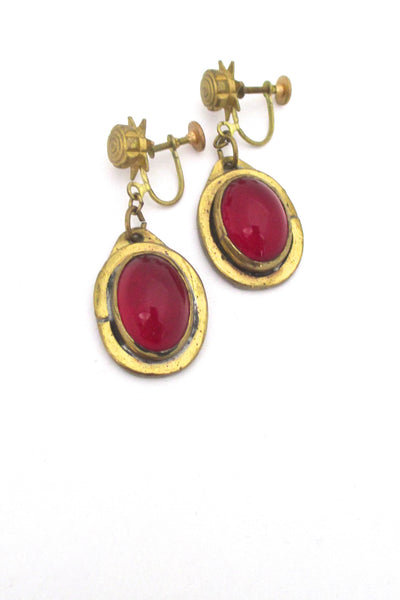 Rafael Alfandary Canada vintage mid century brass drop earrings in red