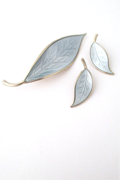 David-Andersen Norway vintage silver & enamel grey leaf brooch & earrings by Willy Winnaess
