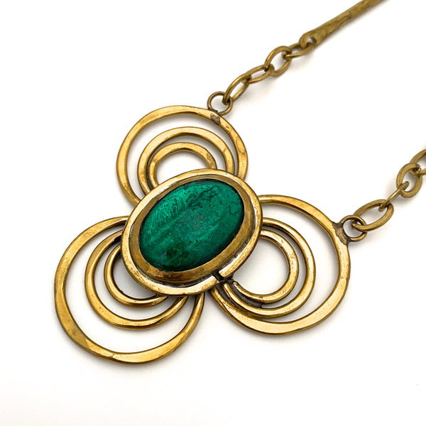 detail Rafael Alfandary Canada vintage brass clear green glass trefoil necklace
