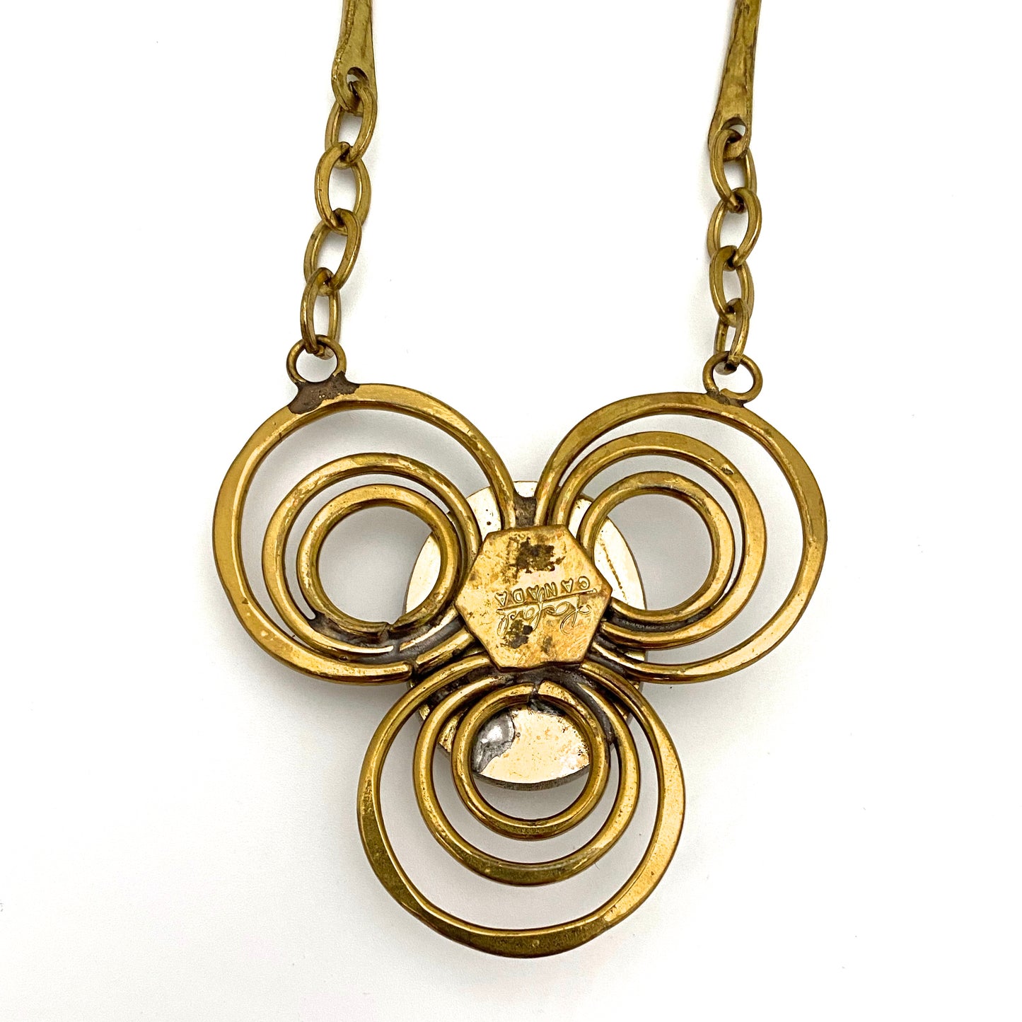 Rafael Canada brass trefoil necklace ~ clear bright green