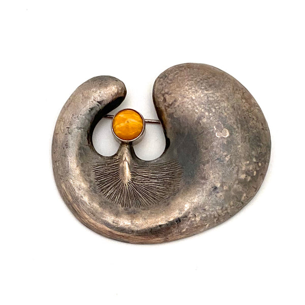 ORNO Poland extra large vintage silver & amber brooch
