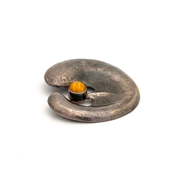 detail ORNO Poland vintage silver and amber extra large brooch