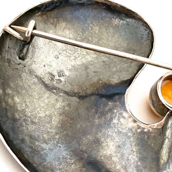 ORNO Poland extra large vintage silver & amber brooch