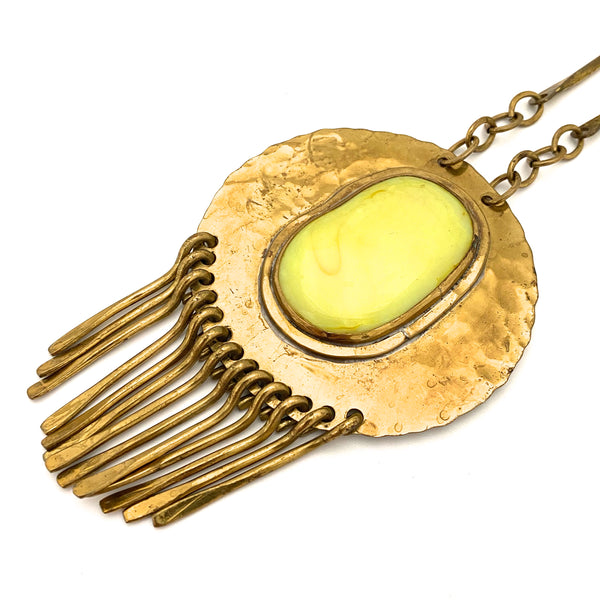 detail Rafael Alfandary Canada vintage brutalist extra large round brass fringe necklace lemon yellow glass cabochon