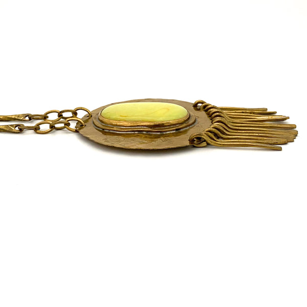 profile Rafael Alfandary Canada vintage brutalist extra large round brass fringe necklace lemon yellow glass cabochon