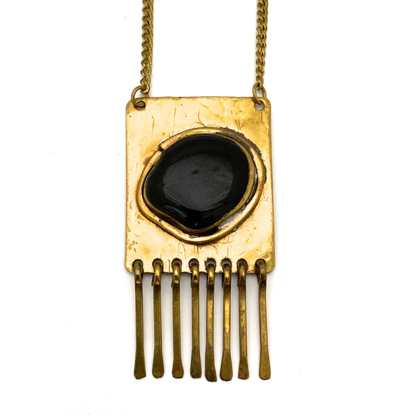 detail Rafael Alfandary Canada vintage brutalist brass black glass rectangular fringe necklace