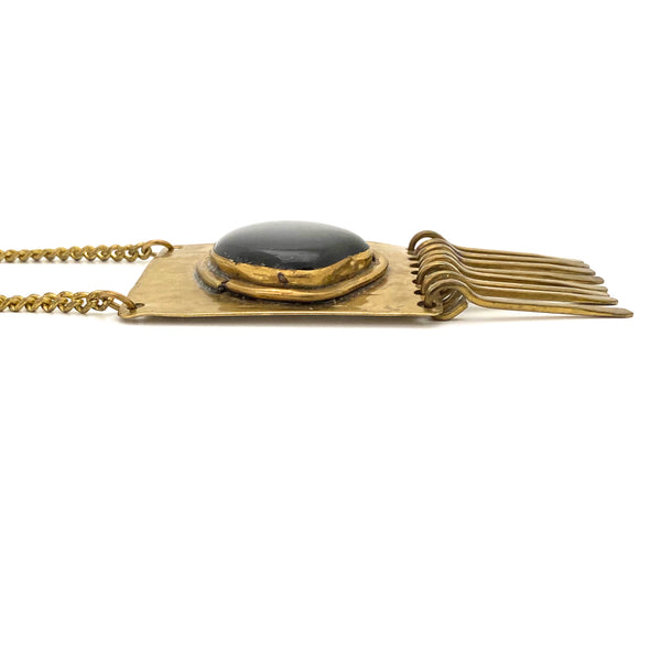 profile Rafael Alfandary Canada vintage brutalist brass black glass rectangular fringe necklace