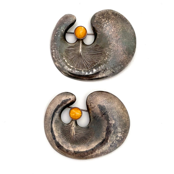 ORNO Poland extra large vintage silver & amber brooch