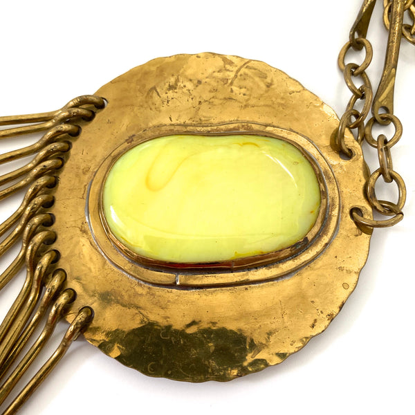 Rafael Canada extra large round brass fringe necklace ~ lemon yellow