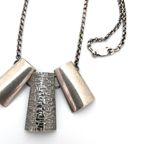 three part textured & dimensional silver necklace
