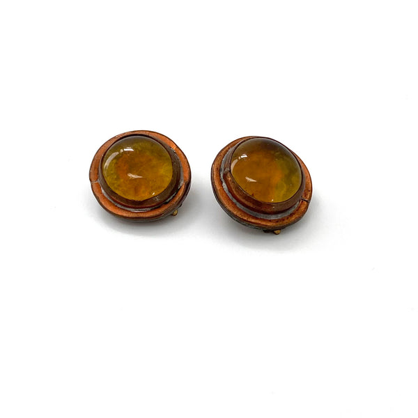 Rafael Canada round copper earrings ~ mottled amber & green