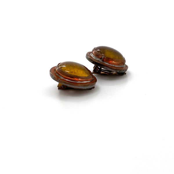 profile Rafael Alfandary Canada vintage brutalist copper mottled amber green glass earrings