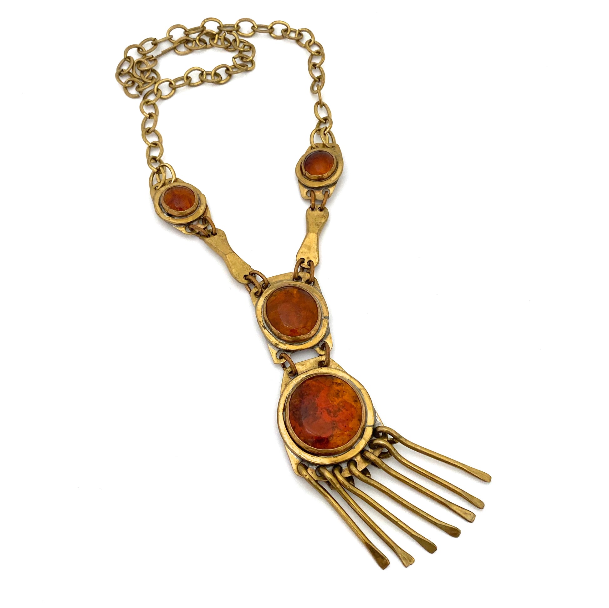 detail Rafael Alfandary Canada vintage brass amber glass four stone fringe necklace