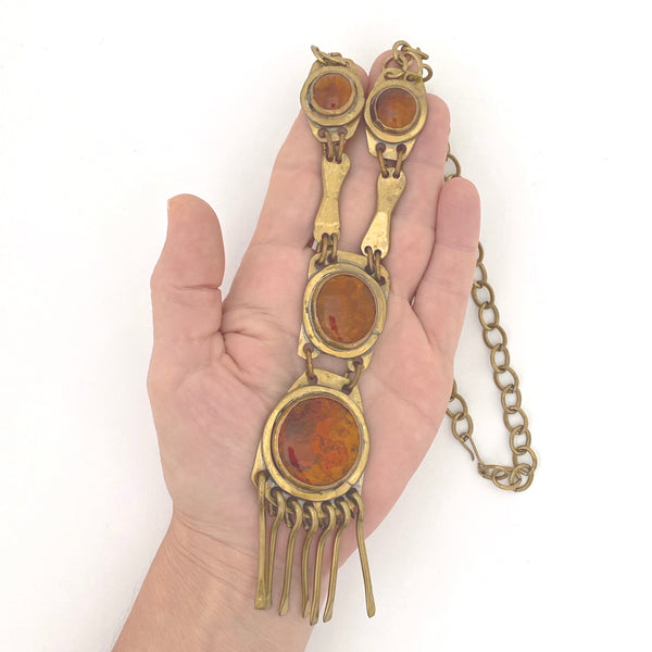 scale Rafael Alfandary Canada vintage brass amber glass four stone fringe necklace