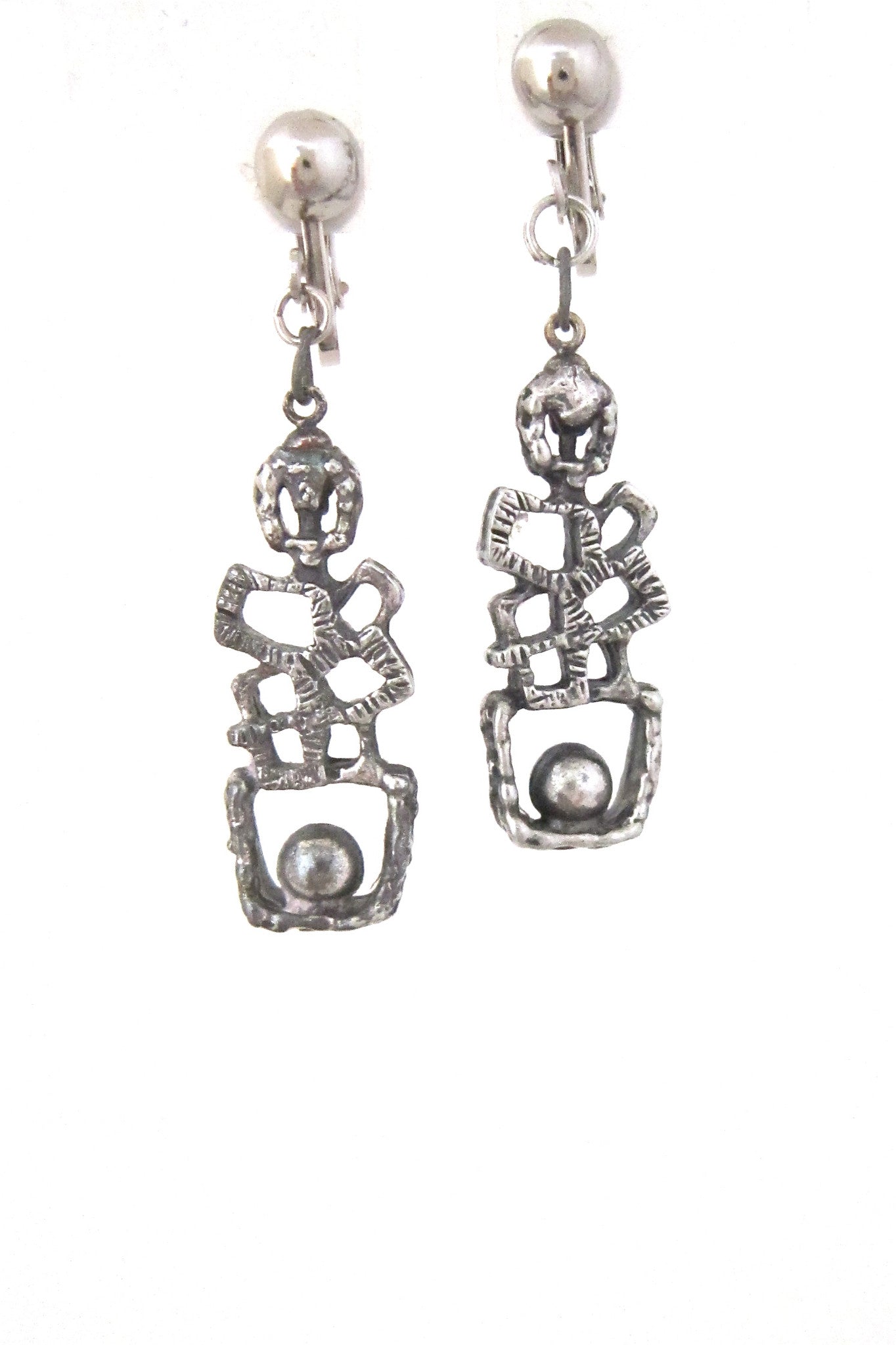 Guy Vidal Canada brutalist pewter ball on a ledge drop earrings