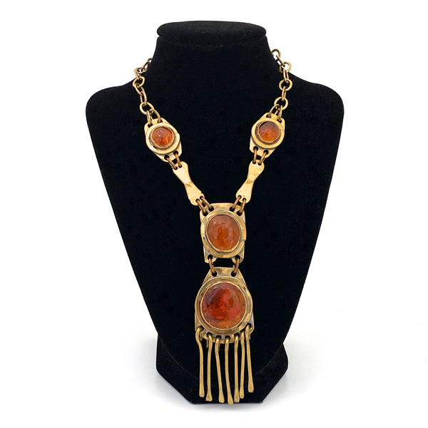 Rafael Canada brass & amber glass 4 stone fringe necklace