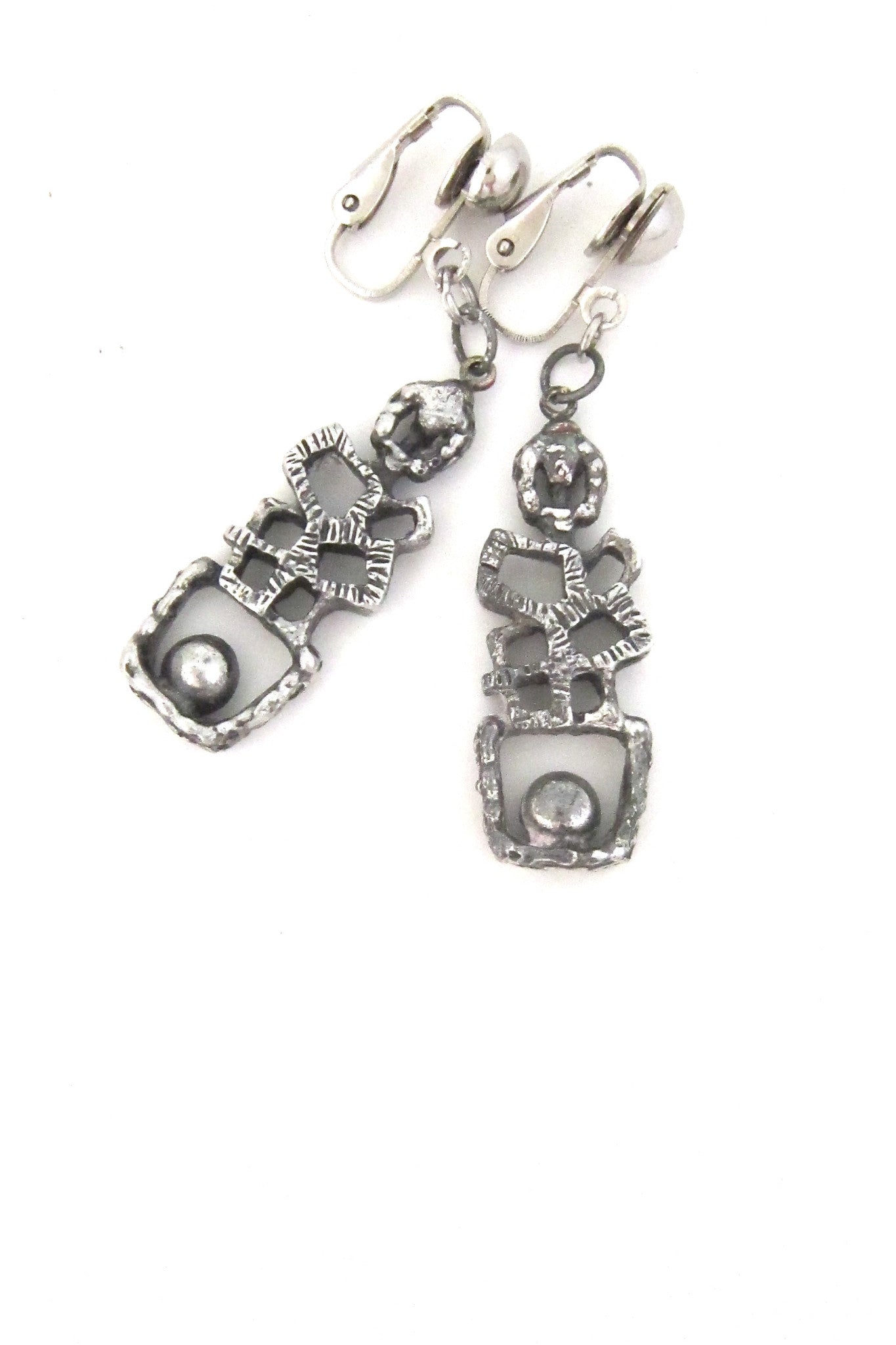 Guy Vidal Canada brutalist pewter ball on a ledge drop earrings
