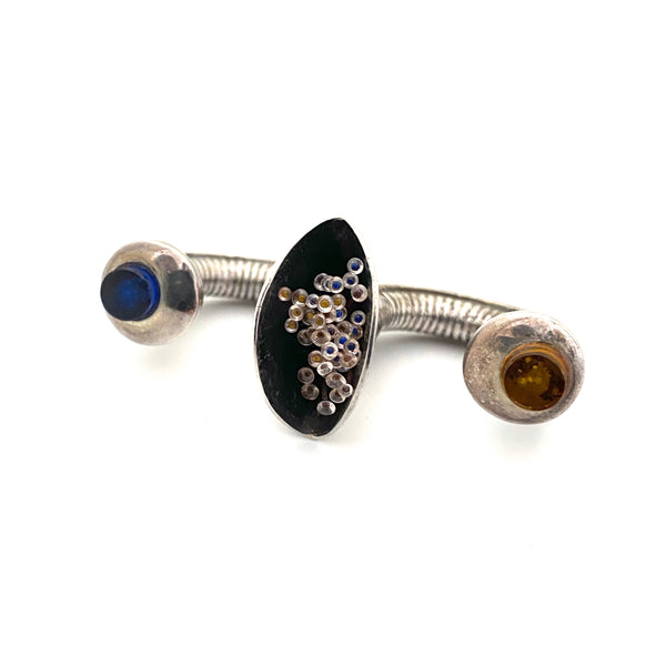 detail Wal van Heeckeren Australia vintage silver sapphire fiber optic filament two finger ring