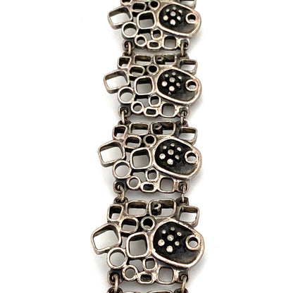 detail Guy Vidal Canada vintage brutalist pewter openwork and shadowbox panel link bracelet