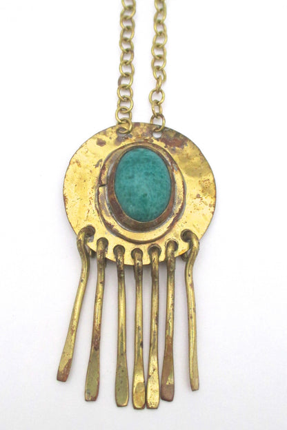 detail Rafael Alfandary Canada vintage brass mottled green glass fringe necklace