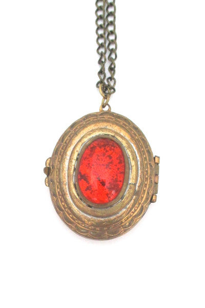 detail Rafael Alfandary Canada vintage brutalist brass tangerine orange glass locket pendant necklace