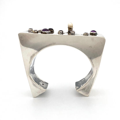 profile Rachel Gera attr Israel large silver amethyst pearly cuff bracelet Modernist jewelry design