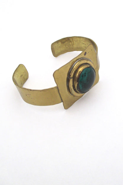Rafael Alfandary Canada vintage brass grass green glass square cuff bracelet