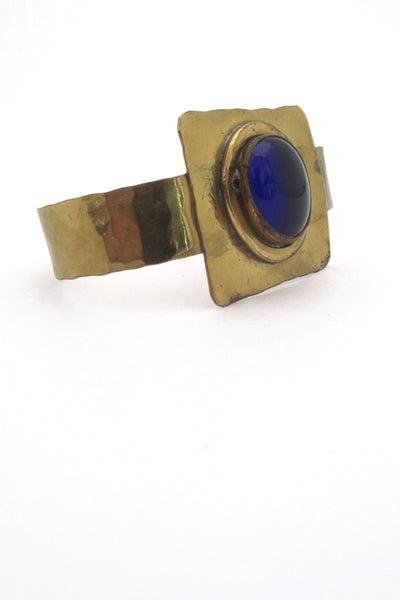 detail Rafael Alfandary Canada vintage brass cobalt blue glass square cuff bracelet