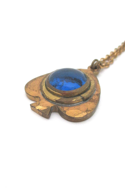 detail Rafael Alfandary Canada vintage brutalist brass water blue glass fish pendant necklace