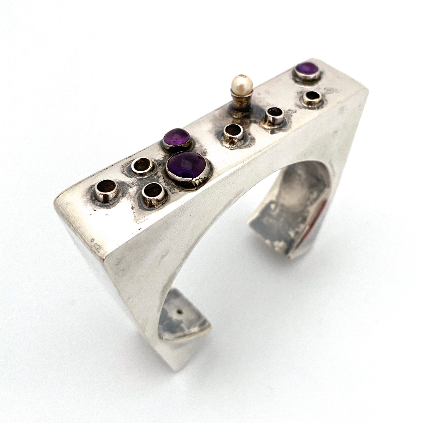 Gera silver, pearl and amethyst Modernist cuff bracelet