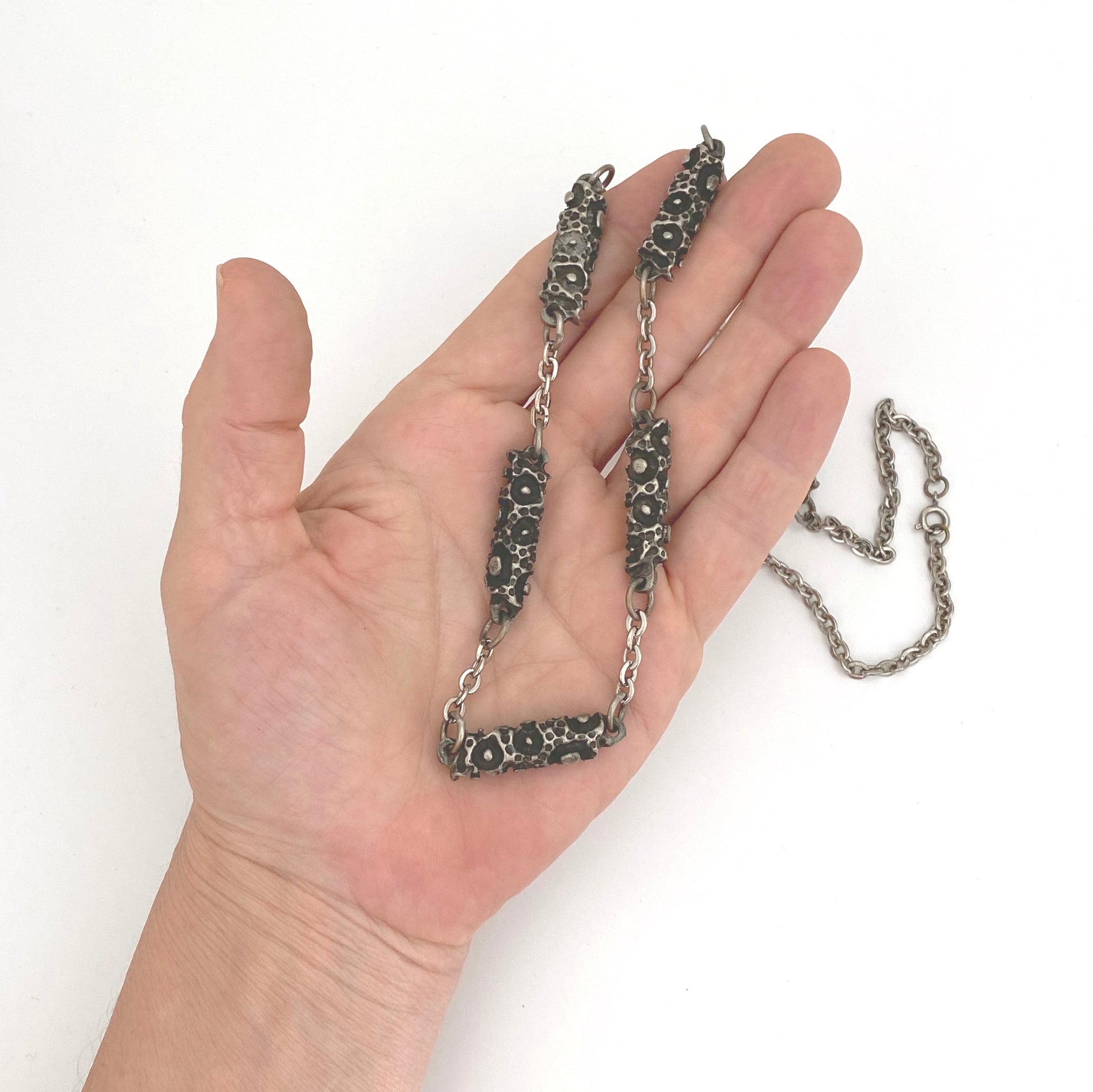 scale Robert Larin Canada vintage brutalist pewter long link chain necklace