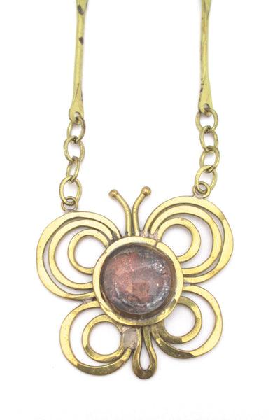 detail Rafael Alfandary Canada vintage brass clear glass butterfly necklace