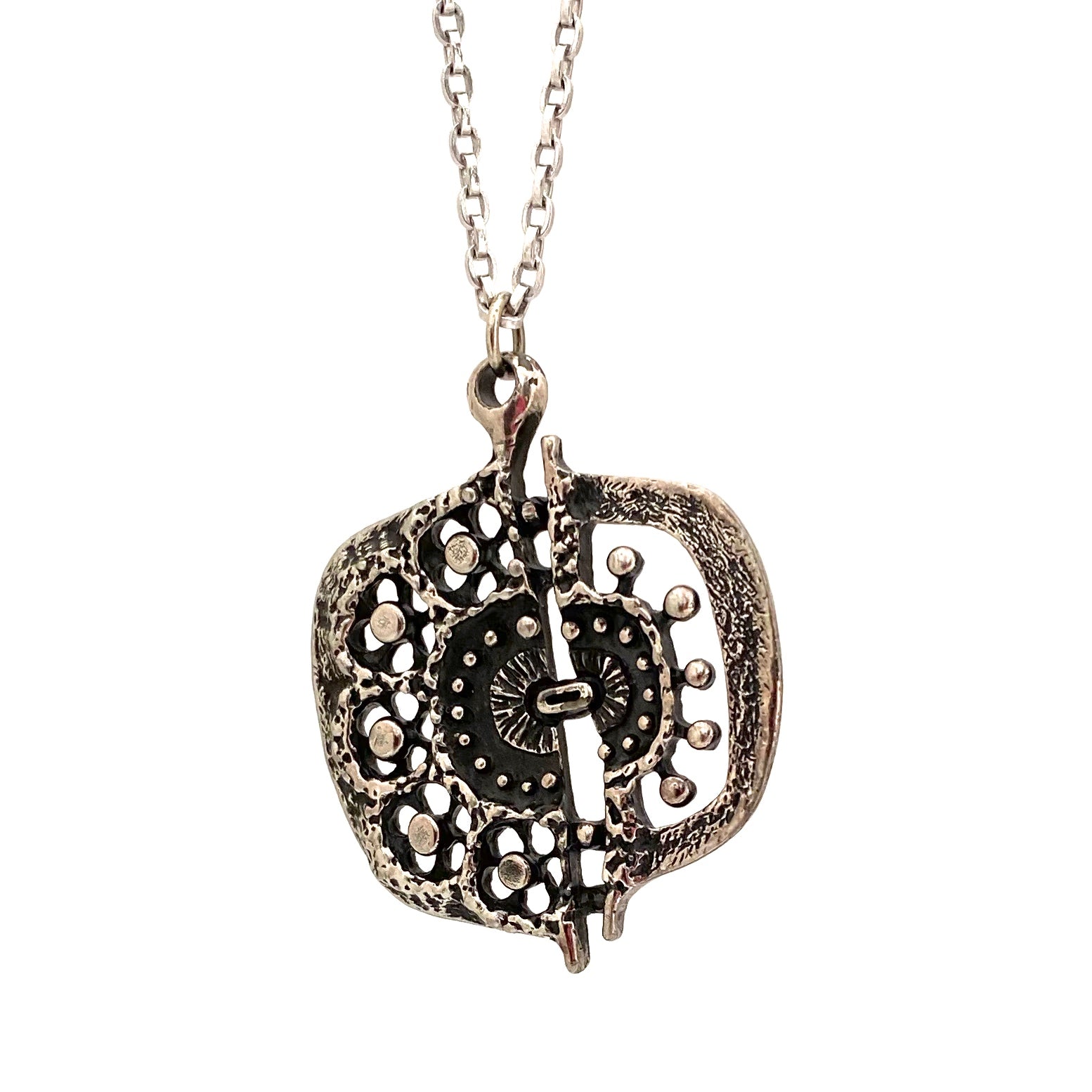 detail Guy Vidal Canada vintage brutalist openwork pewter split circle pendant necklace