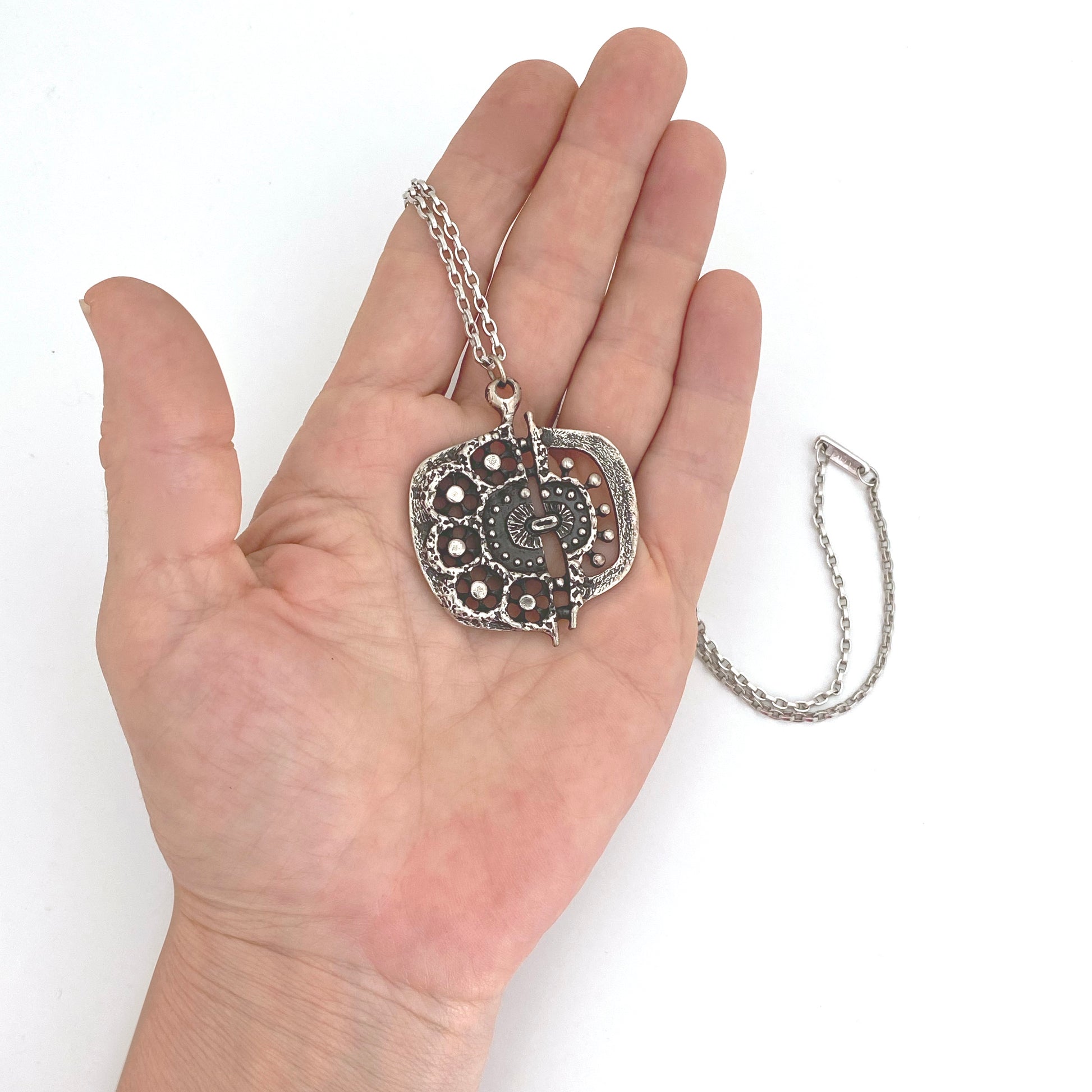 scale Guy Vidal Canada vintage brutalist openwork pewter split circle pendant necklace