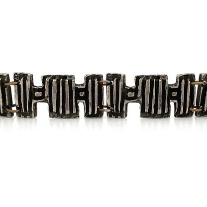 detail Robert Larin Canada vintage brutalist pewter chunky panel link bracelet