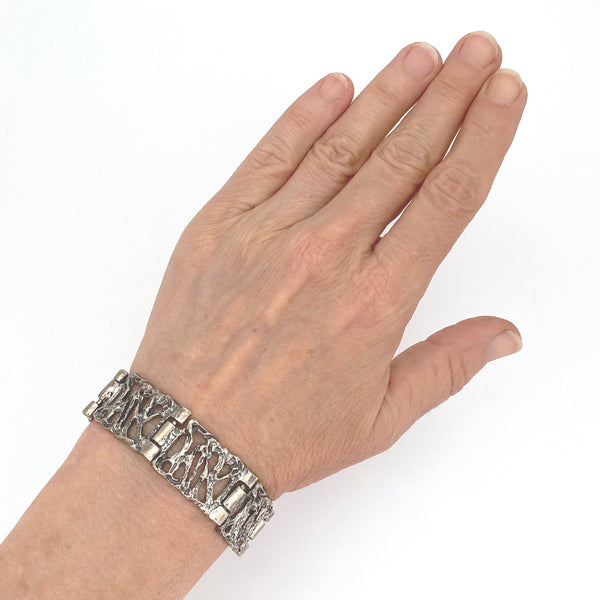 scale Robert Larin Canada vintage brutalist pewter openwork panel link bracelet