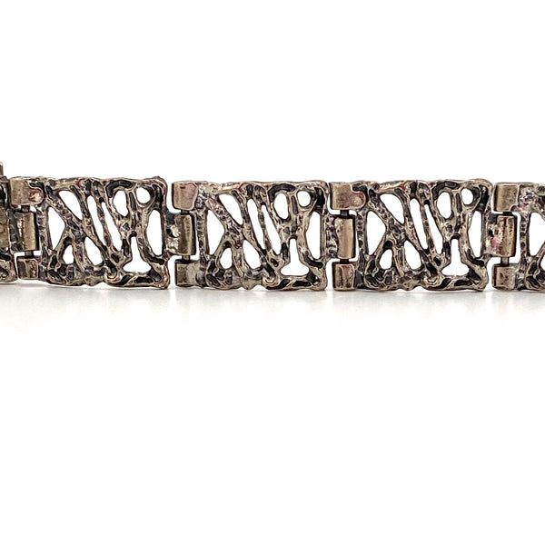 detail Robert Larin Canada vintage brutalist pewter openwork panel link bracelet