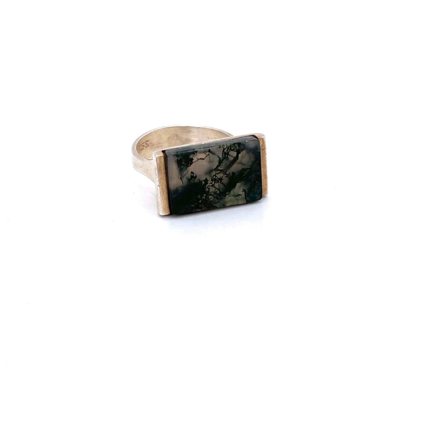 detail Henning Ulrichsen Denmark vintage sterling silver moss agate ring Scandinavian Modernist jewelry design