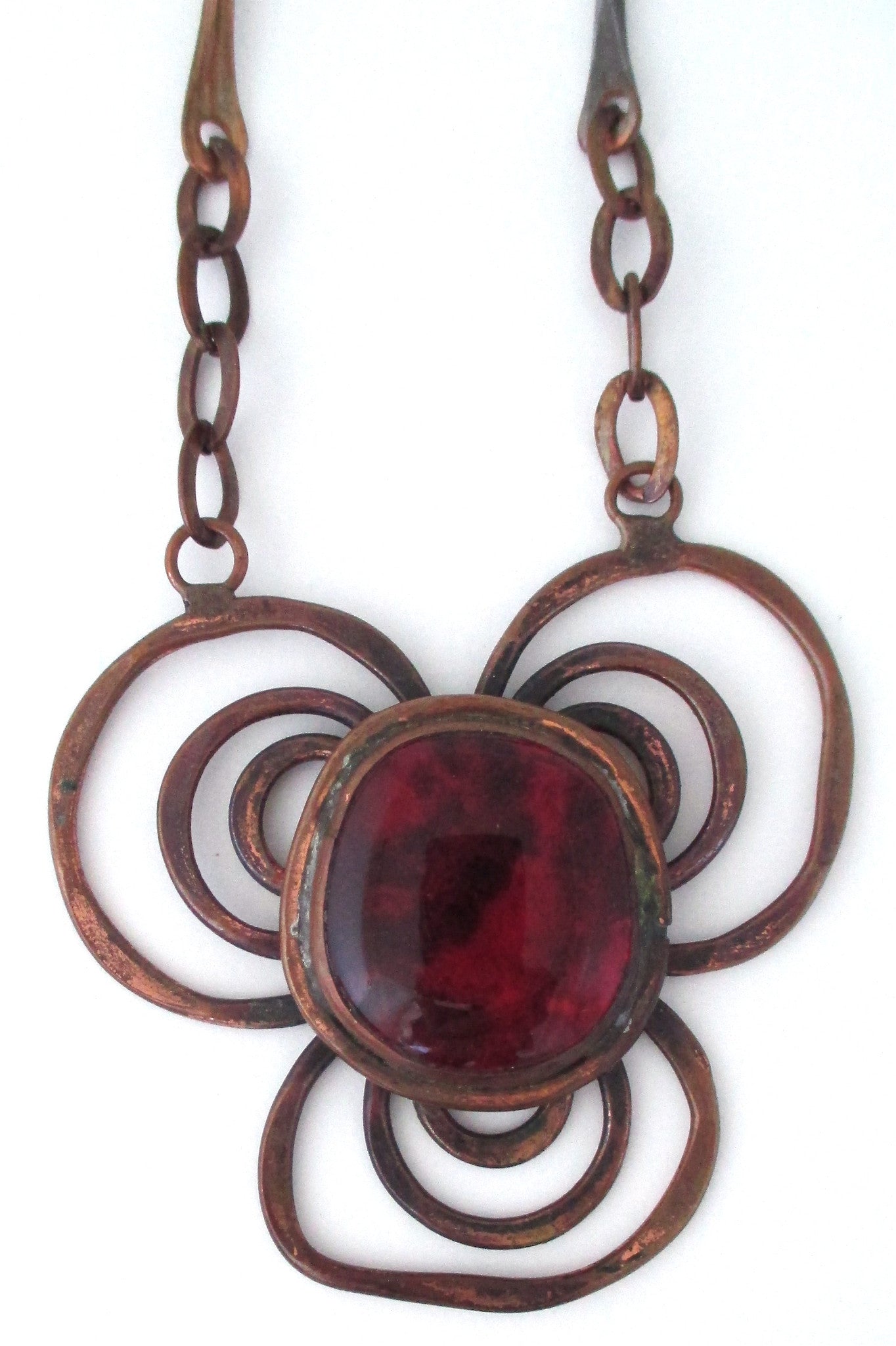 Rafael Alfandary Canada vintage brutalist copper and glass red trefoil necklace